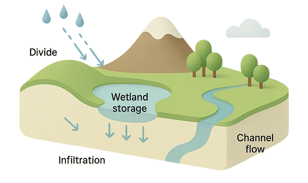Watershed schematic showing divide, runoff, infiltration, storage, and channel flow
